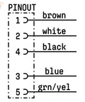 5 Pin Female Sensor Cable With Flying Leads 0.5m ACoded 22AWG PVC Insulated 300V 3A diagram showing pinout in brown, white, black, blue, green/yellow