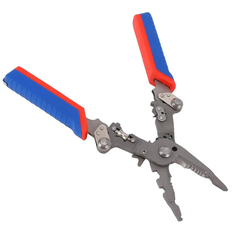 Yunseity 16 In 1 Folding Wire Stripper Pliers Crimper Tool Heavy Duty with red and blue rubber grips for electricians and homeowners.