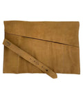 Six Slot Leather Tool Roll Up Bag For DIYers, Portable Carry On Pouch for Workshop Storage, Bourbon Brown, full closed view