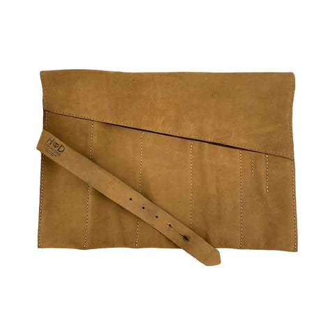 Six Slot Leather Tool Roll Up Bag For DIYers, Portable Carry On Pouch for Workshop Storage, Bourbon Brown, full closed view