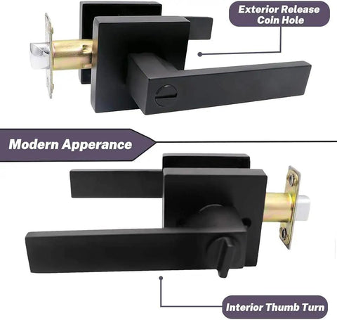 3 Pack Matte Black Interior Door Handles with Privacy Lock showing exterior release coin hole and interior thumb turn