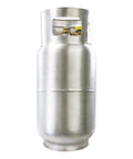 Front view of aluminum forklift propane tank with gauge; 33.5 lb capacity, DOT/TC compliant