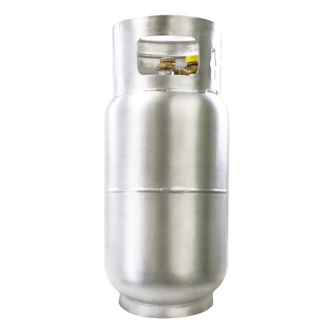 Front view of aluminum forklift propane tank with gauge; 33.5 lb capacity, DOT/TC compliant