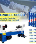 Benchtop wood lathe with blue base and white headstock, featuring variable speed with 500–3200 RPM.