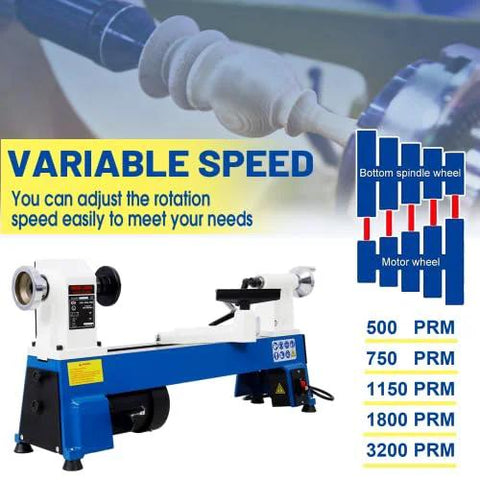 Benchtop wood lathe with blue base and white headstock, featuring variable speed with 500–3200 RPM.