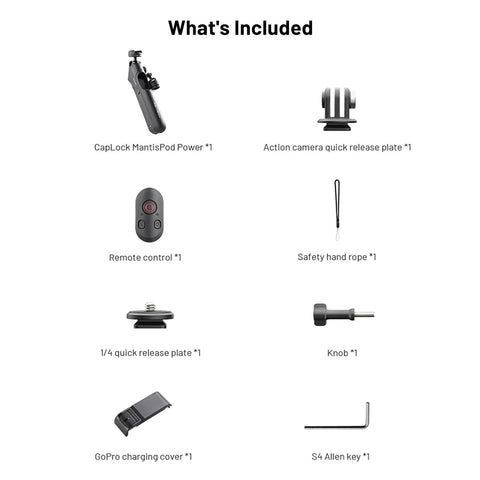 GoPro CapLock MantisPod Power 5000mAh Battery Grip Mount With Quick Release Charging Handle And 10 Meter Magnetic Remote set inclusion