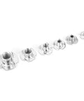 Six galvanized stainless steel t nuts from Four Claw T Nuts And Rivet Nuts Set In M3 M4 M5 M6 M8 M10 Sizes Galvanized Stainless Steel Includes Storage Box For Woodworking, Furniture Assembly, Cabinetry, DIY Projects, And Industrial Use arranged in a line, showing size progression.
