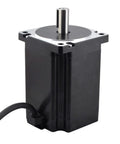 Front view of NEMA 34 stepper motor, black housing with silver 14 mm shaft and 1 m cable