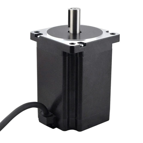 Front view of NEMA 34 stepper motor, black housing with silver 14 mm shaft and 1 m cable