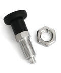 Premium M10 Push Fit Ball Nose Spring Plunger With A Built Tough Stainless Steel Housing And Slick Matte Black Finger Knobs For Smooth Indexing and Heavy Duty Workholding with threaded body and cap.