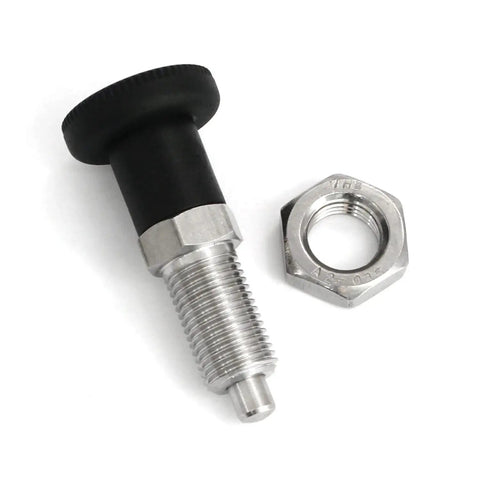 Premium M10 Push Fit Ball Nose Spring Plunger With A Built Tough Stainless Steel Housing And Slick Matte Black Finger Knobs For Smooth Indexing and Heavy Duty Workholding with threaded body and cap.