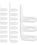 Beefy Heavy Duty 24 Piece Stainless Steel L Bracket Corner Braces for Wood Shelves and Cabinets, shown in white with holes for screws.