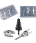PVC Pipe Threading Tool Kit Three Piece Set For Electric Drill With One Half Inch And Three Quarter Inch Internal And External Thread Cutters Reamer And Step Drill Bit Fifteen To Thirty One Millimeters shown with tools and case