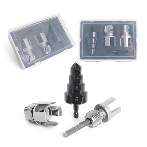 PVC Pipe Threading Tool Kit Three Piece Set For Electric Drill With One Half Inch And Three Quarter Inch Internal And External Thread Cutters Reamer And Step Drill Bit Fifteen To Thirty One Millimeters shown with tools and case