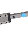 Close-up of Miniature 9mm Width Linear Rail Guide Kit with ball retainer, showing compact rail and block design for precise motion tracking.