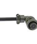 Military circular connector plug, six-pin, olive-drab housing with screw-on coupling on a cable.