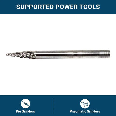 One Eighth Inch Pointed Cone Tungsten Carbide Die Grinder Bits Double Cut Pro Grade Heavy Duty with supported tools diagram
