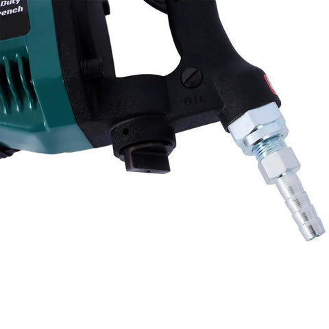 One Inch Heavy Duty Air Impact Wrench With Long Shank And 38Mm 41Mm Sockets 1900 Ft Lbs Torque showing air connection and grip detail.