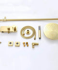 Top Shelf 10 Inch Wall Mounted Rain Shower System With Brushed Gold Drip Solid Brass Multifunction Faucet Set components laid out.