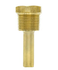 Brass thermowell probe with hex head and threaded upper section, smooth cylindrical stem — front view