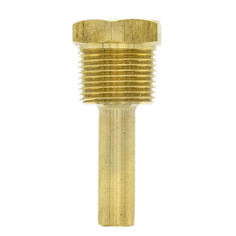 Brass thermowell probe with hex head and threaded upper section, smooth cylindrical stem — front view