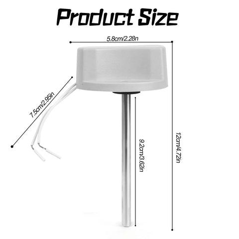 Side view of discharge air temperature sensor with gray housing on a metal stem; white wires, 12 cm tall, 5.8 cm wide.