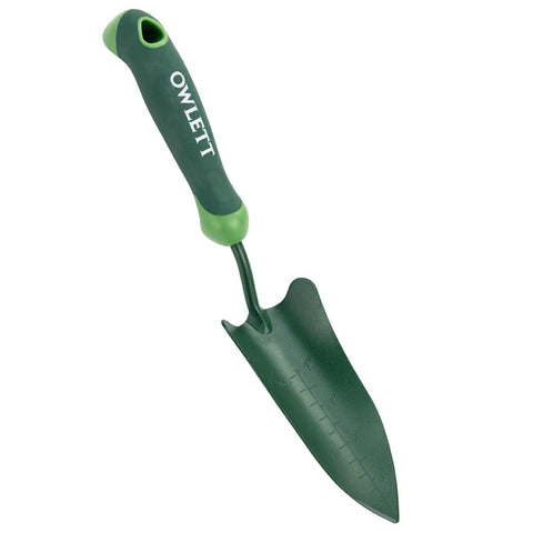 Go To Measuring Garden Trowel With Ergonomic Soft Grip Handle For Digging Planting Transplanting And Weeding A Rustproof All Purpose Small Shovel Built For Precision Garden Work, green handle, depth scale visible on blade