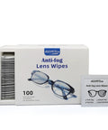 Front view: Anti-fog Lens Wipes box, 100 wipes, individually wrapped and pre-moistened for glasses and screens