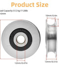 Front and side views of a stainless steel deep U-groove ball bearing pulley, 12 mm bore, 50 mm outer diameter, 13 mm thick.