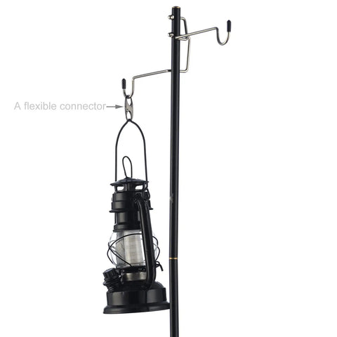 Black lantern hanging from hook on a pole using double small carabiner clips for zipper replacement and theft deterrent.