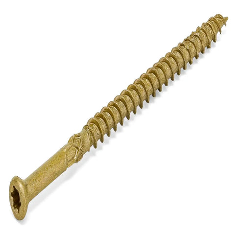 Top Shelf Exterior Trim Screws Nine By Three Inch Bronze Self Drilling Wood Fasteners showing a detailed view of a bronze trim screw.