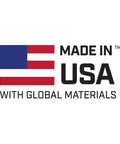 "Made in USA with global materials" text beside red, white, and blue American flag graphic, indicating product origin.