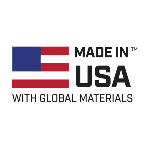 "Made in USA with global materials" text beside red, white, and blue American flag graphic, indicating product origin.