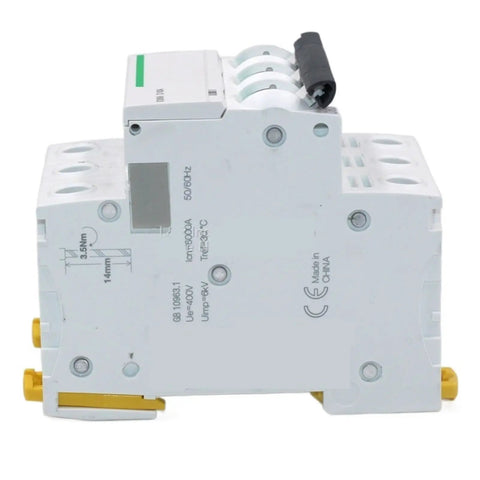 Heavy Duty 3 Pole 63 Amp Mini Circuit Breaker Type D Electrical Switch side view with terminals for work van and job site.