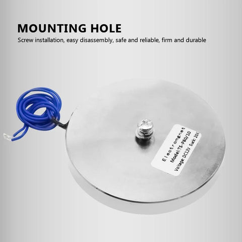 Front view of round 80x10 mm 12V electromagnet with blue coil wire and central mounting stud