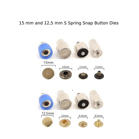 Close-up of 15mm and 12.5mm S spring snap button dies for Leather Hand Press Kit For Setting Rivets, Eyelets, And Snap Buttons.