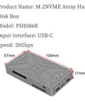 Dual M.2 NVMe SSD Enclosure With Hella Fast 20 Gbps USB 3.2 Gen 2X2 Interface Plug And Play Raid 0 Raid 1 PM Mode For 2230 2242 2260 2280 Drives Built Different Speed Demon, showing dimensions and USB-C ports.