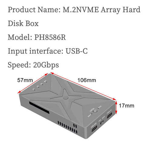 Dual M.2 NVMe SSD Enclosure With Hella Fast 20 Gbps USB 3.2 Gen 2X2 Interface Plug And Play Raid 0 Raid 1 PM Mode For 2230 2242 2260 2280 Drives Built Different Speed Demon, showing dimensions and USB-C ports.