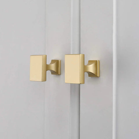 Gold Cabinet Knobs, Brushed Brass Square Dresser Hardware on white cabinet, 10 Pack Zinc Alloy Drawer Knobs For Kitchen Cabinets
