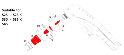 Exploded view of Plasma Cutting Torch Replacement Kit For S45 PD0116-09 10pc Set showing components and compatibility options.