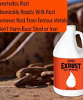 Kano Exrust rust remover bottle with text about its properties, placed on metal surface with rusted bolts