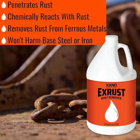 Kano Exrust rust remover bottle with text about its properties, placed on metal surface with rusted bolts