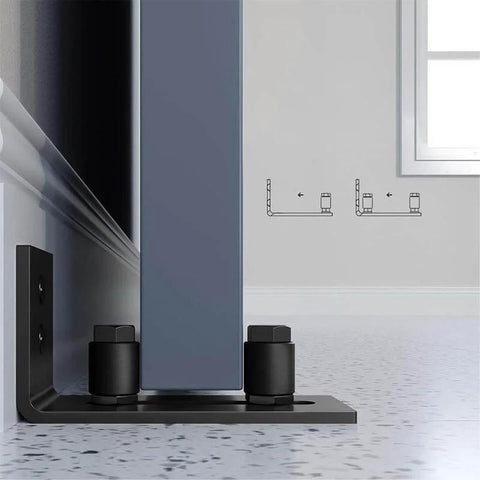 Sliding Barn Door Bottom Floor Guide Roller Set, Black, Quiet And Smooth Operation, installed on a tiled floor