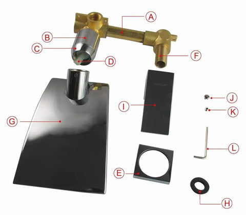 Components of Wall Mount Bathtub Faucet With Waterfall Tub Filler, Brass Chrome Finish, ICC ES PMG Certified, visible on white background