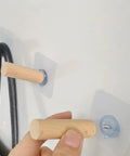 6 Piece Extra Long Wooden Wall Hooks Self Adhesive Coat Rack For Doors Easy Peel Stick Zero Hole Poking Heavy Duty Snag Bar For Hats And Coats Rock Solid Quality Keeps Entryway Tidy close-up of wooden peg and adhesive backing