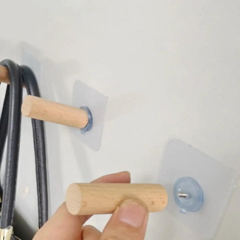 6 Piece Extra Long Wooden Wall Hooks Self Adhesive Coat Rack For Doors Easy Peel Stick Zero Hole Poking Heavy Duty Snag Bar For Hats And Coats Rock Solid Quality Keeps Entryway Tidy close-up of wooden peg and adhesive backing