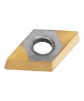 DCMT070204 carbide lathe insert with center hole; gold body and silver cutting face.