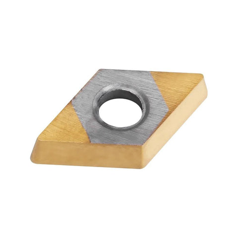 DCMT070204 carbide lathe insert with center hole; gold body and silver cutting face.