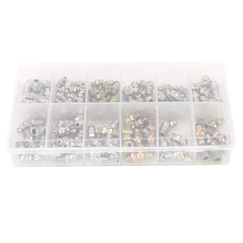 130 Piece Grease Fitting Set With 45 Degree And Straight Nipples, iron plated, assorted in a plastic organizer box.