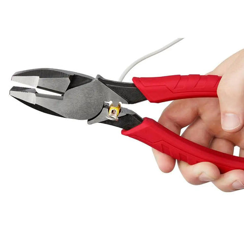 9 Inch Leverage Lineman Pliers With Crimper And Pipe Reaming Head, Workhorse Pro Grade Electrician Pliers in hand view